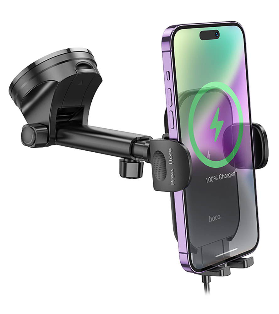 держатель на присоске с беспроводной зарядкой Qi Hoco HW5 Journey wireless fast charging car holder(center console) black