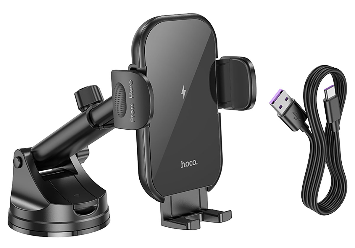 держатель на присоске с беспроводной зарядкой Qi Hoco HW5 Journey wireless fast charging car holder(center console) black