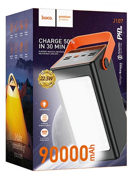 внешний аккумулятор со светильником Hoco J107 Super 22.5W universal power bank(90000mAh) black