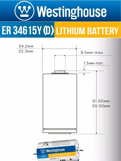 литиевые промышленные батарейки Westinghouse ER 34615Y (D) axial wires 3шт. 