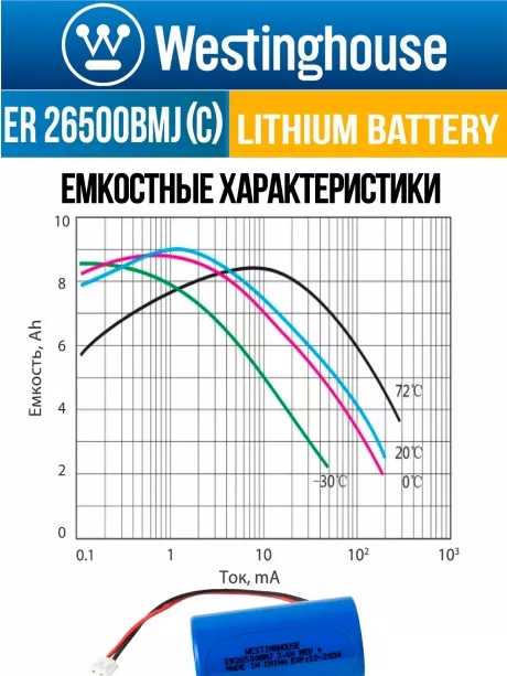 батарейка литиевая 3.6 В Westinghouse ER 26500BMJ (C) connector JST EHR-2P 