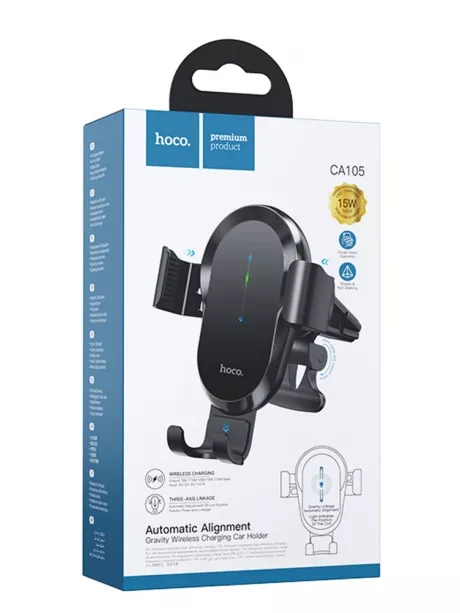 держатель с беспроводной зарядкой Hoco CA105 Guide three-axis linkage wireless charging car holder black