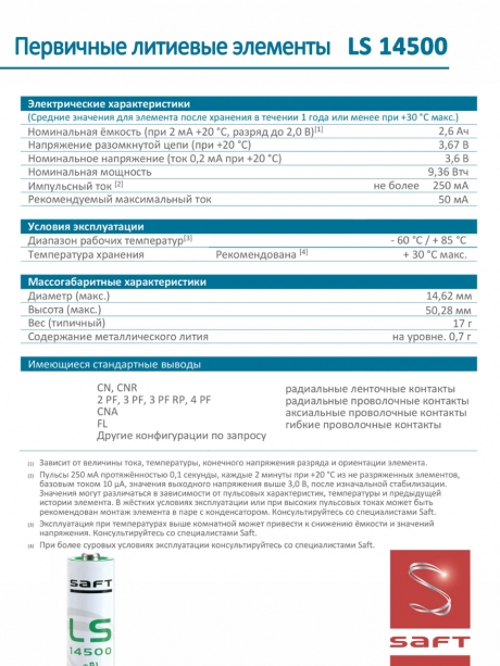 батарейка литиевая Saft LS 14500 CNA (AA) 20шт. 