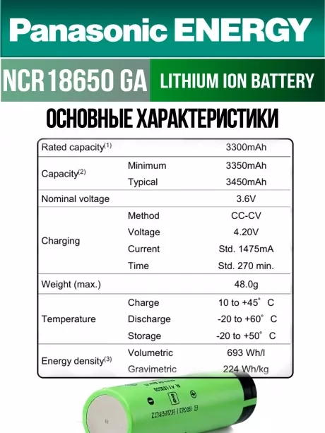 высокотоковый литиевый аккумулятор Panasonic NCR18650GA PW Li-Ion 3450mAh (min 3300mAh) 10шт. 