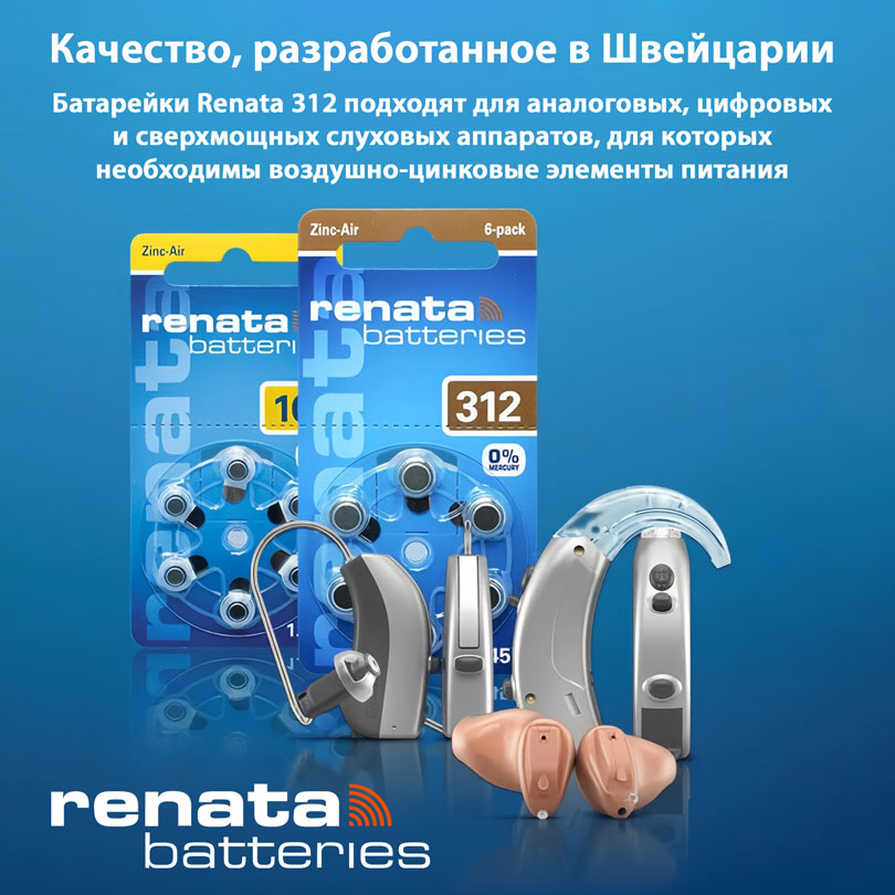 батарейки для слуховых аппаратов Renata ZA312/PR41-6BL